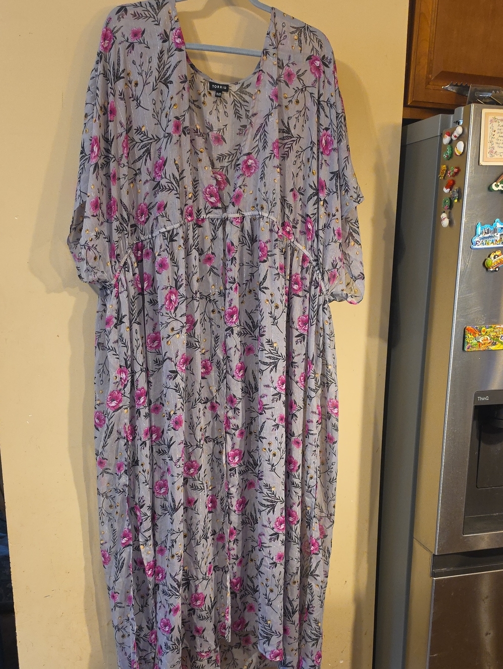 torrid beige floral Kimino Beach Coverup with pink and yellow accents